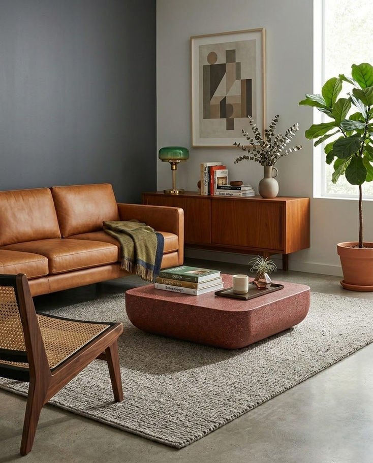 Modern oturma odasında kahverengi deri kanepe, sehpa ve büyük bitki.