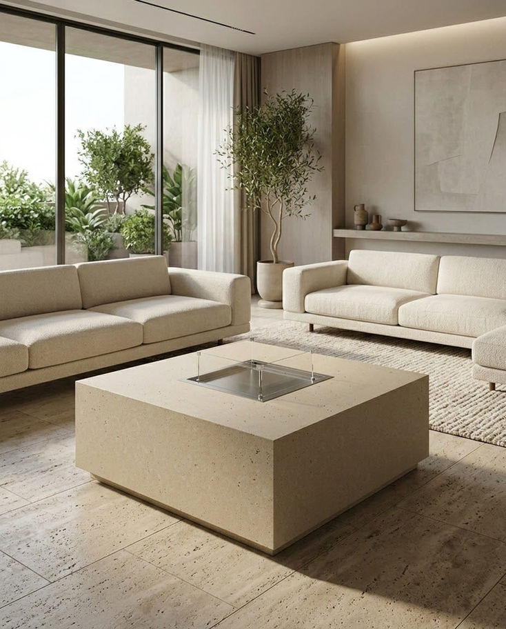 Modern, ferah oturma odası, açık bej kanepeler, bitkiler ve doğal ışık.