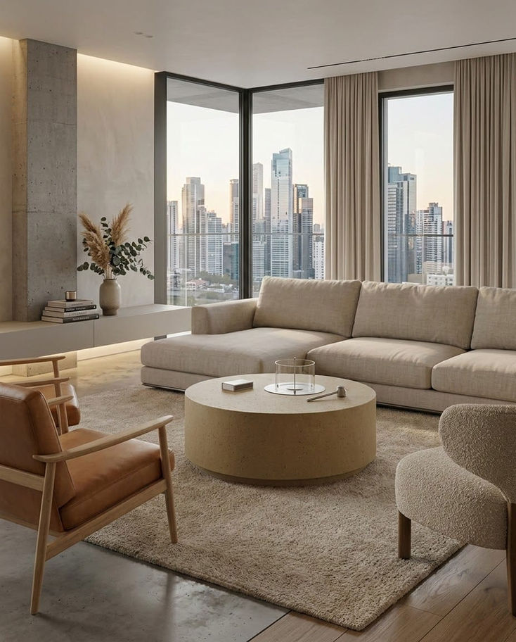 Şehir manzaralı modern oturma odası, bej koltuk, yuvarlak sehpa, minimalist tasarım.