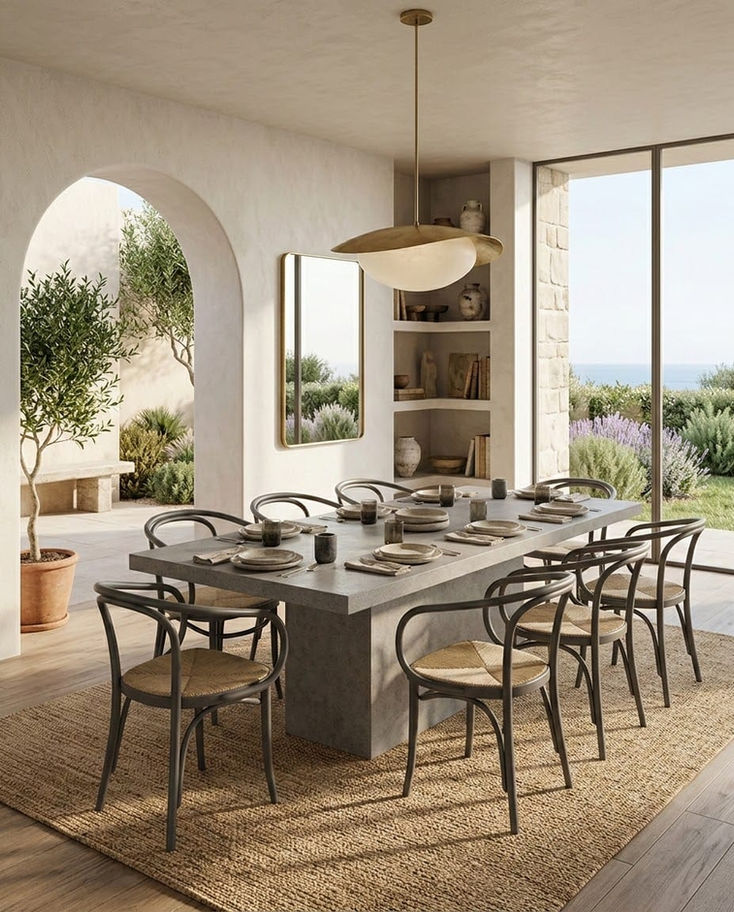 Şık yemek odası, uzun beton masa, rattan sandalyeler, kemerli kapı, bahçe.