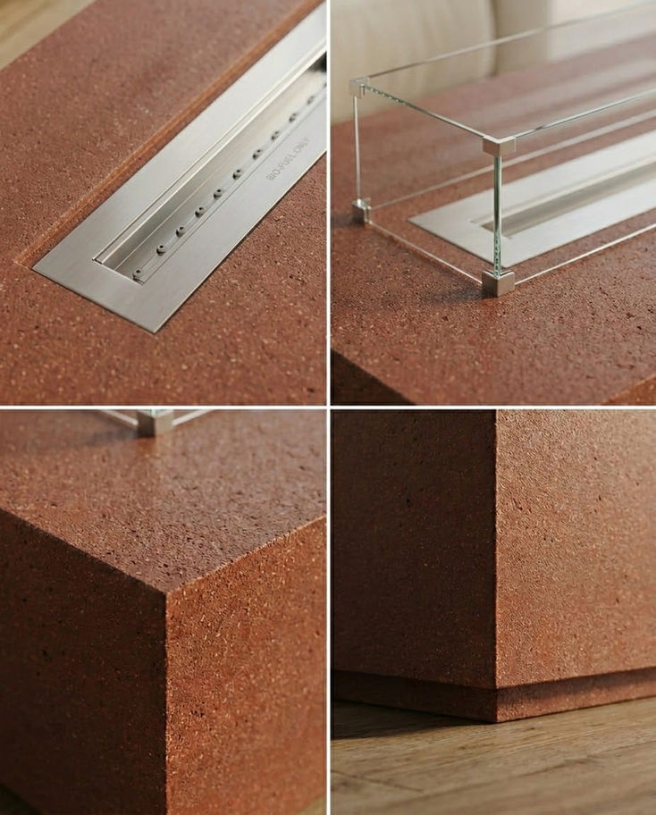 Kırmızımsı kahverengi dokulu, paslanmaz çelik hazneli modern bioetanol şömine.