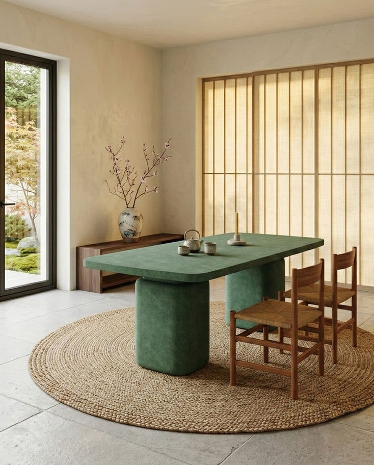 Modern yemek odasında yeşil masa, ahşap sandalyeler, büyük pencere ve yuvarlak hasır kilim.