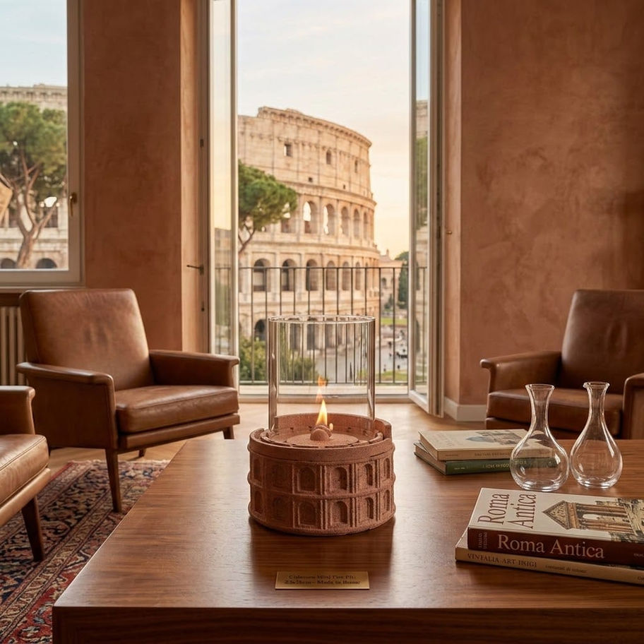 Lüks Roma odası, geniş pencereden Kolezyum manzarası, ahşap masa, koltuklar.