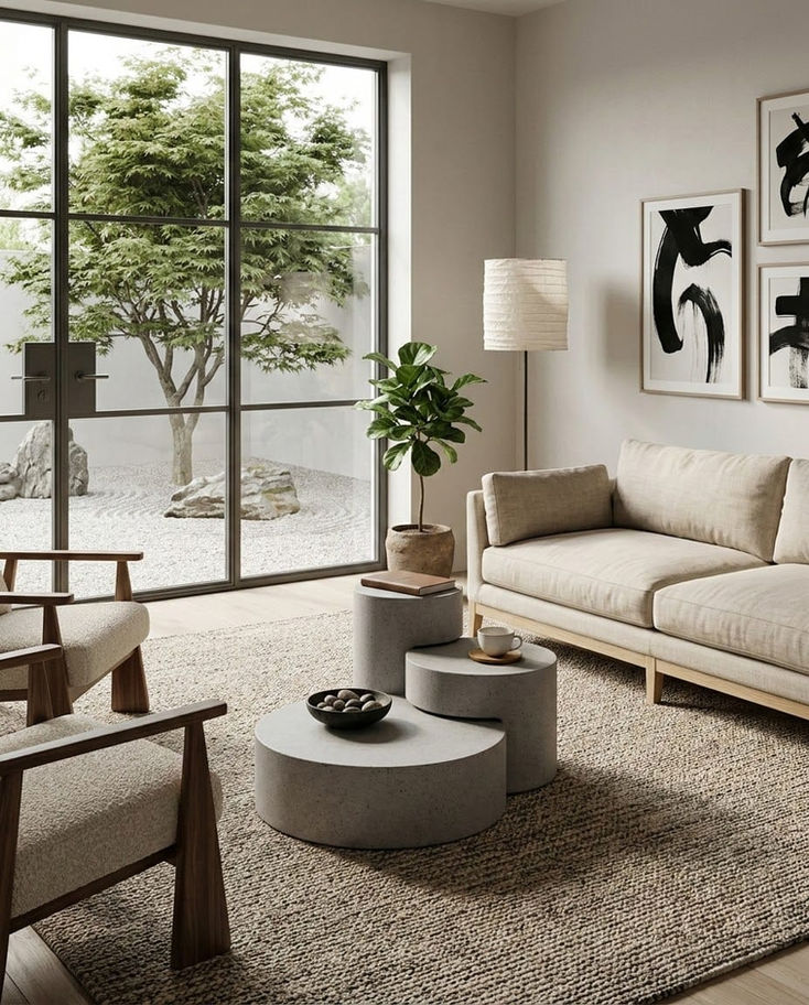 Modern oturma odası, ağaç manzaralı pencere, bej kanepe, beton sehpa seti.