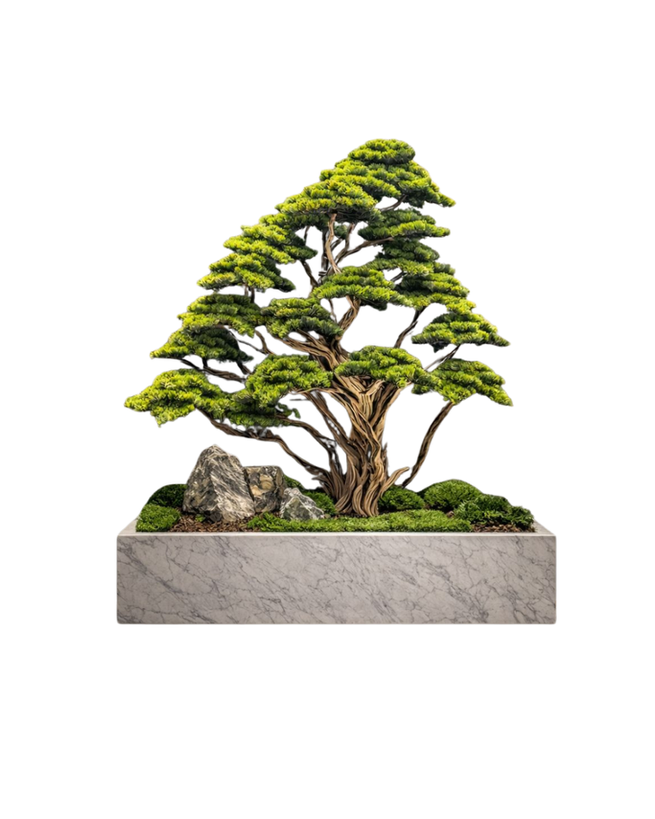 Gri saksıda yeşil yapraklı, kayalarla çevrili gür bonsai ağacı.