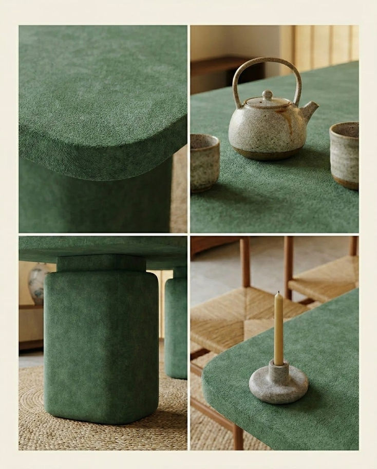 Yeşil dokulu masa detayı, üzerinde çaydanlık, fincanlar ve mum.