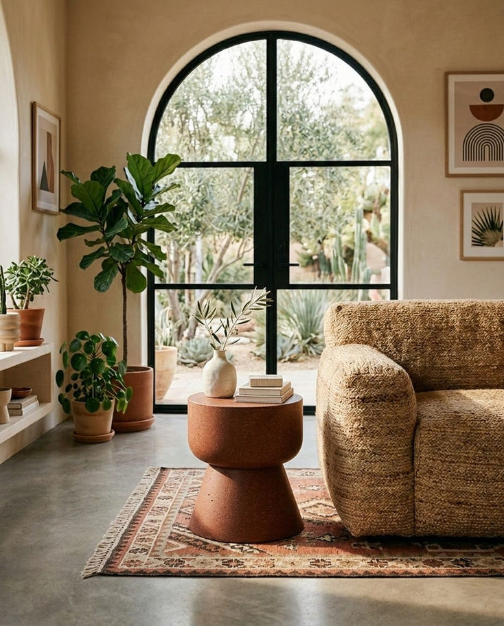 Doğal ışıklı, kemerli pencereli ve bitkilerle dolu modern oturma odası.