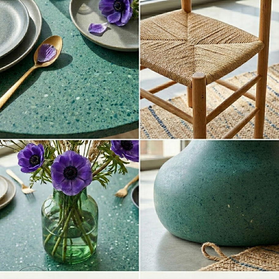 Ev dekorasyonu: Yeşil masada çiçekler, örgülü sandalye ve modern saksı detayları.