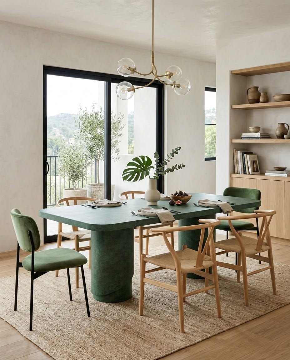 Modern yemek odası, yeşil masalı, ahşap ve yeşil sandalyeler, hasır halı.