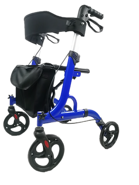 Blue foldable aluminum rollator with basket and seat