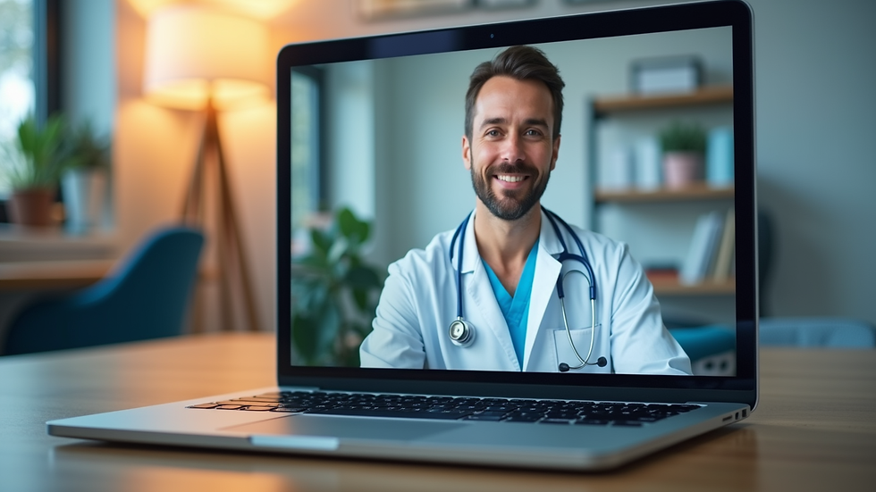 Eye-level view of a laptop screen showing a virtual health consultation