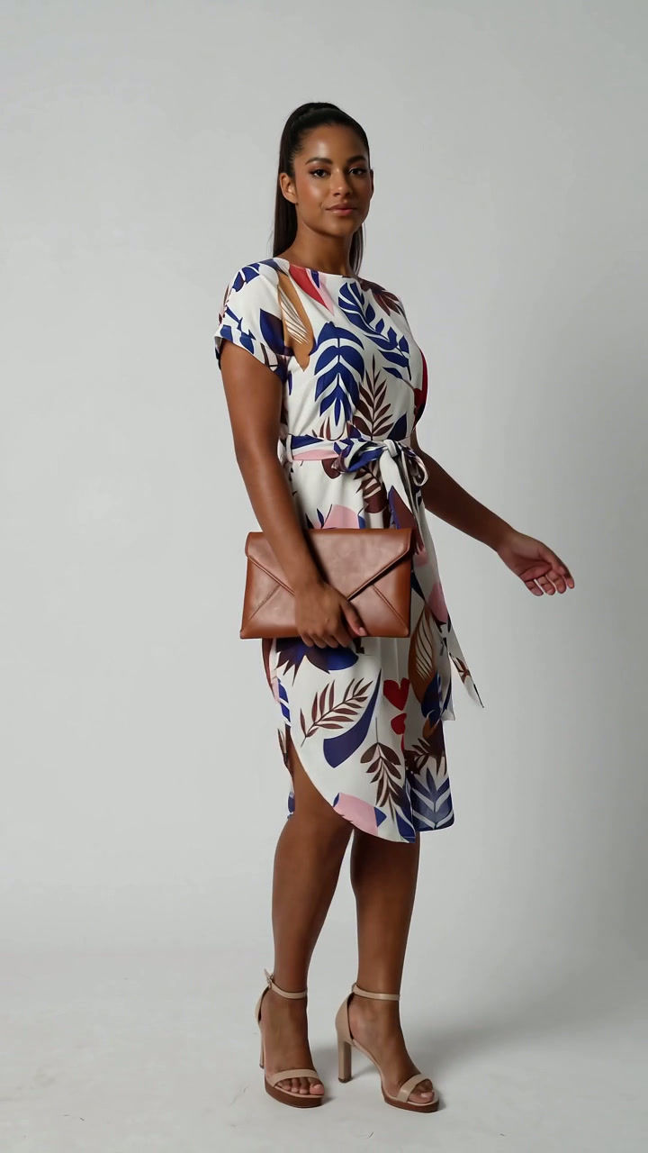 Thumbnail: Notched Neck Floral Print Belted Fitted Dress