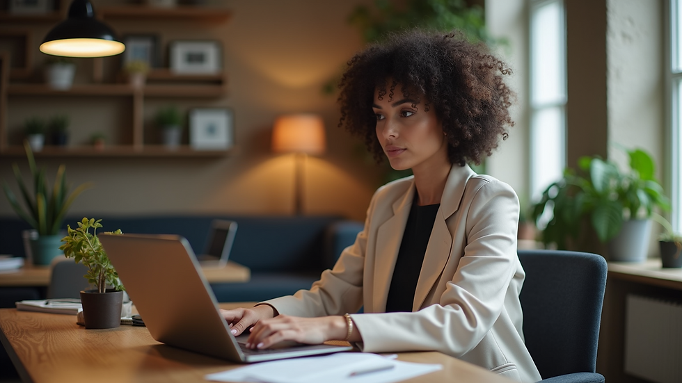Close-up view of a woman working on a laptop in a cozy office