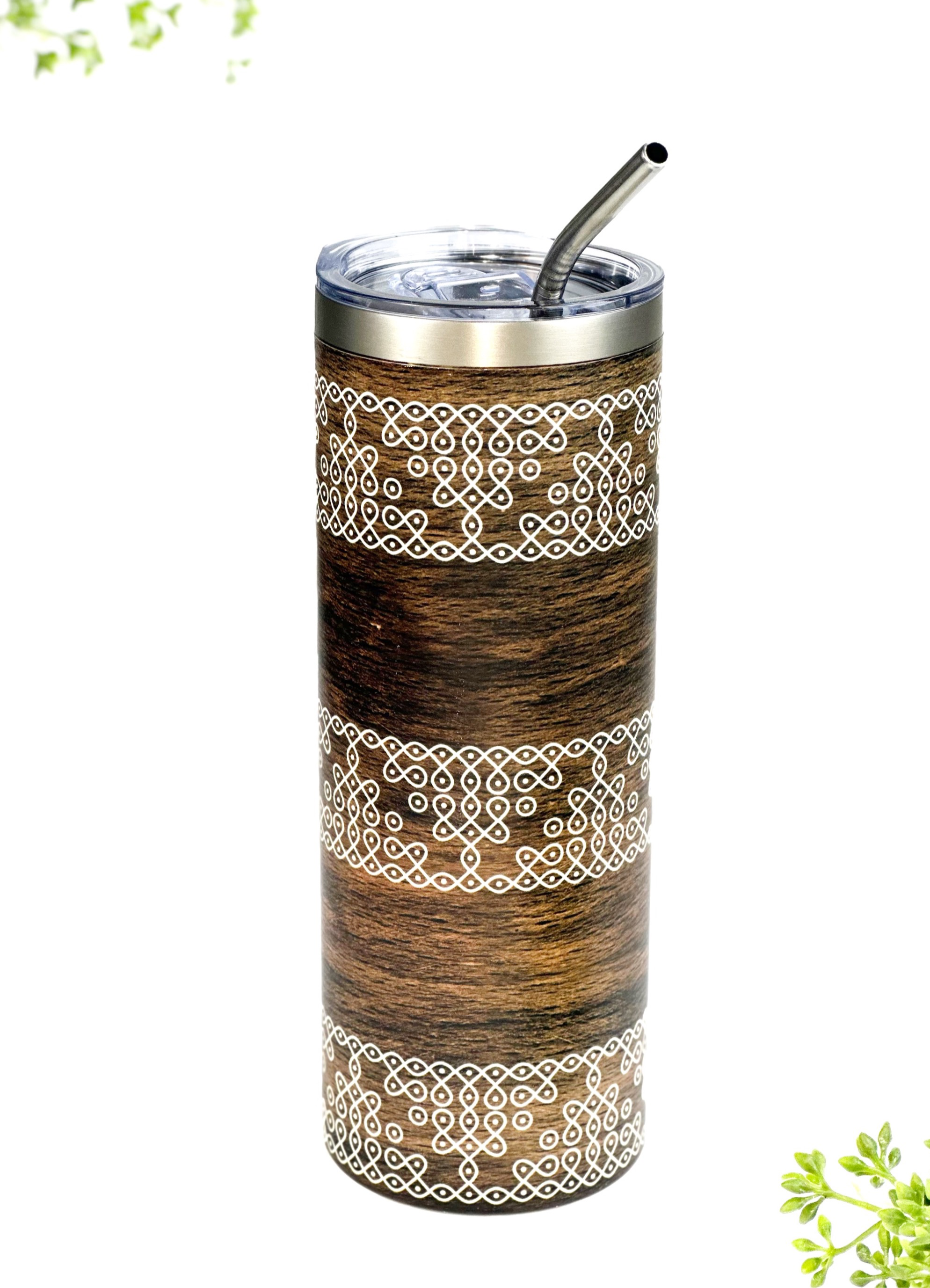 Tradition Kolam Print Travel Mug - Faux Wood Finish - 3 Bands