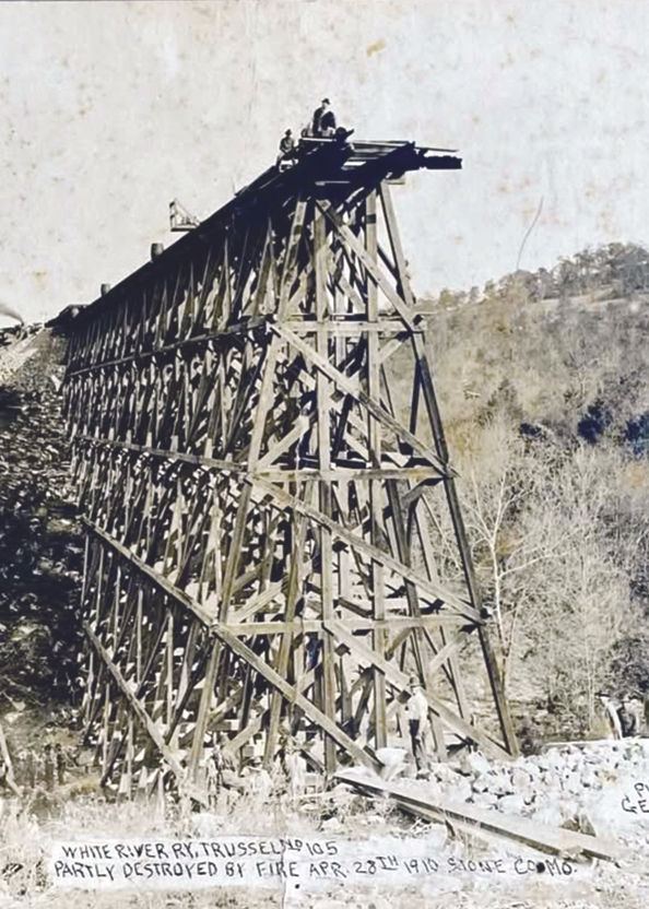 Trestle No. 105, located to the west of Garber in Stone County was partially destroyed by fire on April 28, 1910. It was completely filled in the spring of 1922. (Photo courtesy of Wayne Glenn)