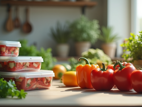 kitchen counter with fresh vegetables and meal prep containers