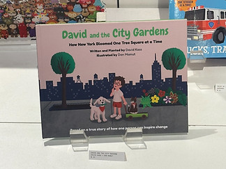 Children's book spread showing urban garden in Chelsea Manhattan — narrative product development by Daniel Mamut