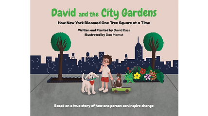 Children's book spread showing urban garden in Chelsea Manhattan — narrative product development by Daniel Mamut