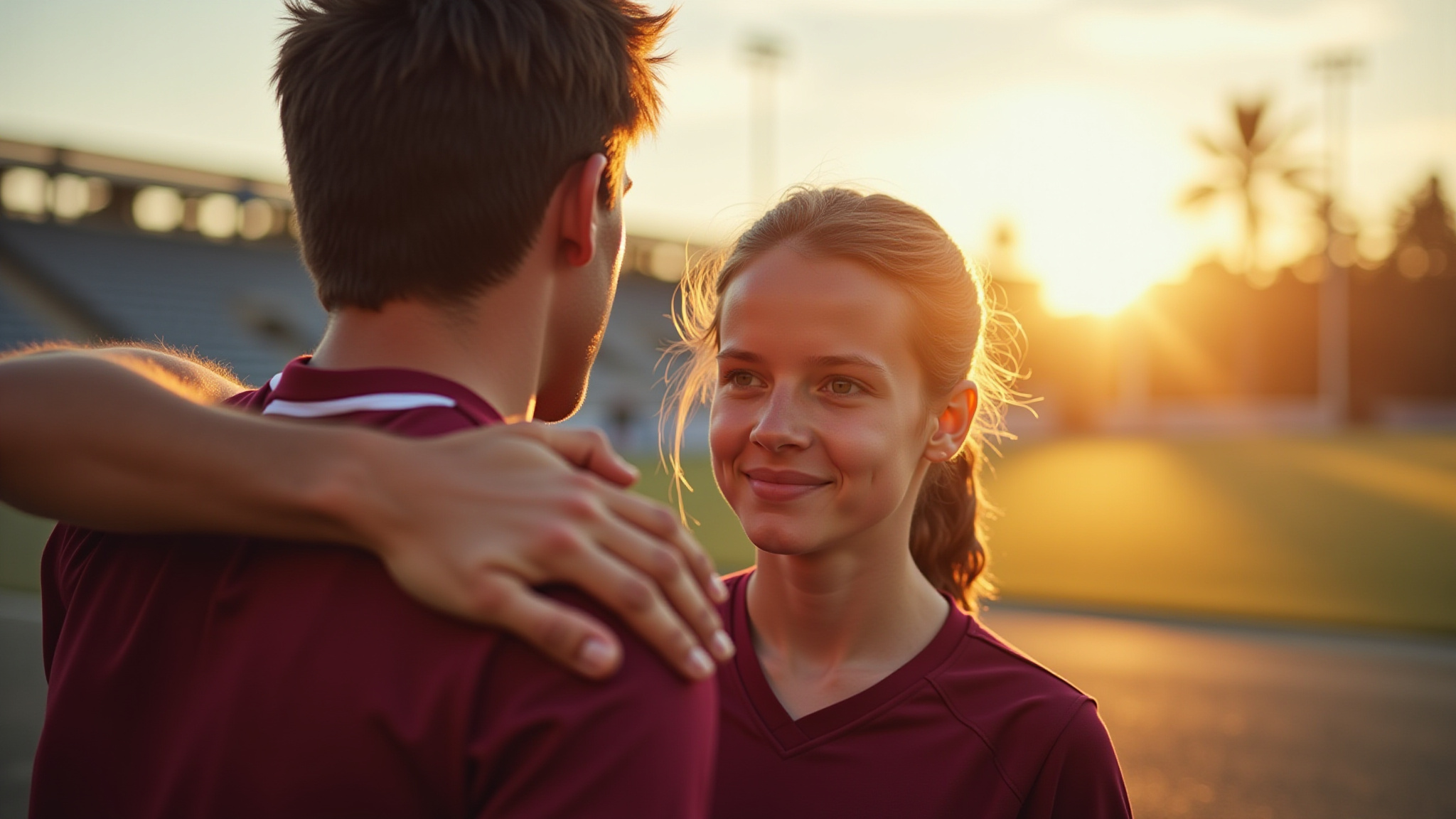 Two young athletes sharing a moment on a field at sunset.