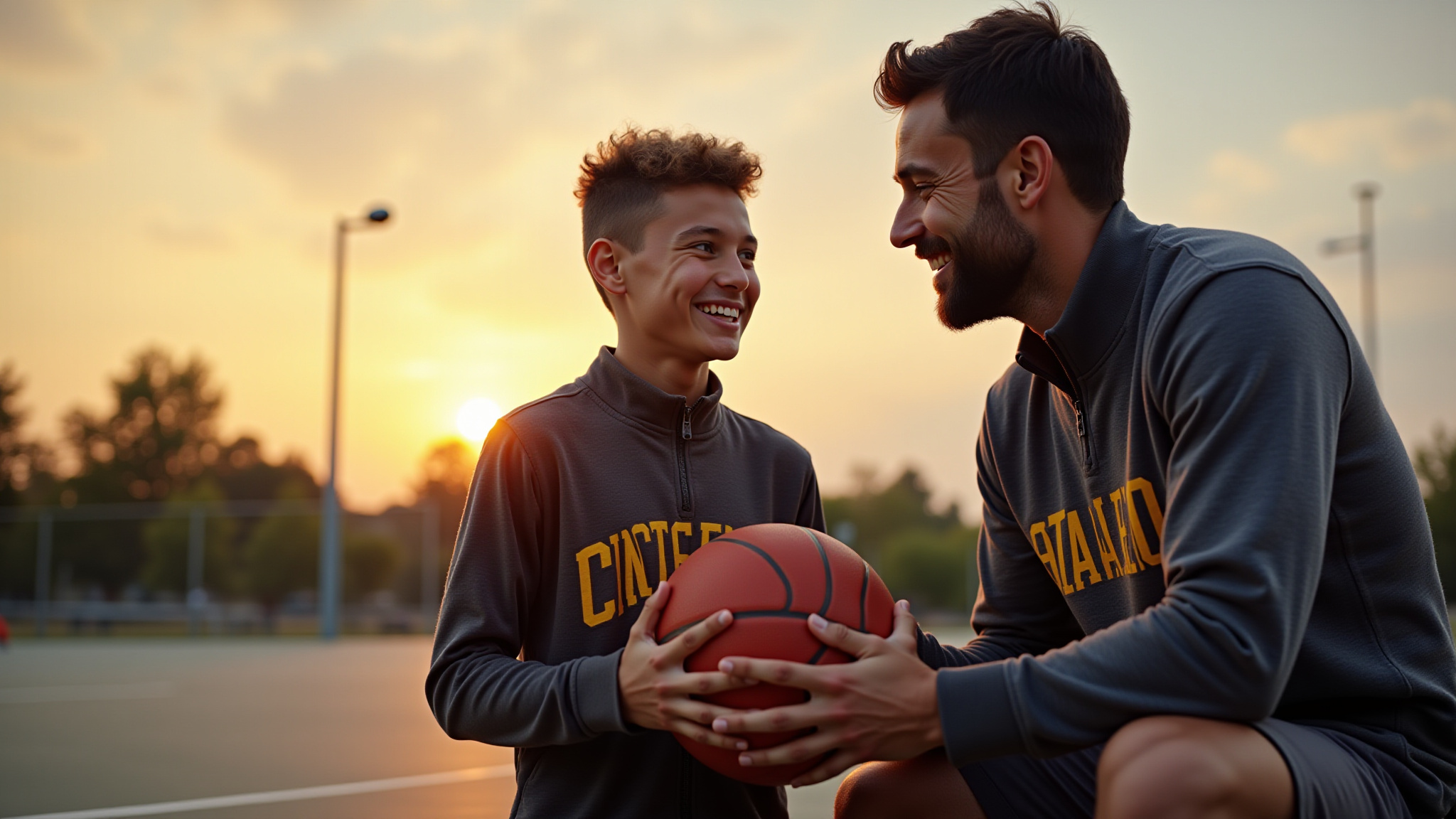 Man and boy smiling, holding basketball at sunset