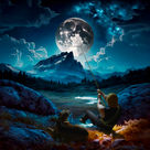 Composite digital artwork titled 'Give You the Moon,' inspired by George Bailey from 'It's a Wonderful Life,' featuring a photograph integrated with an AI-generated background created using Midjourney and Procreate.