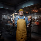 Composite digital artwork titled 'Chef,' inspired by the movie 'Chef,' featuring the creator in a kitchen, styled as a cover of a Chef Magazine, created using Midjourney and Procreate.