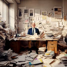 Composite digital artwork titled 'Death and Taxes,' inspired by the movie 'Office Space,' featuring the creator buried in a pile of documents in a room, looking overwhelmed, created using Midjourney and Procreate.