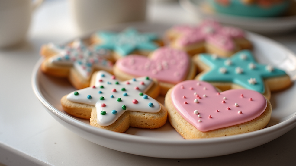 Close-up view of beautifully decorated sugar cookies on a plate