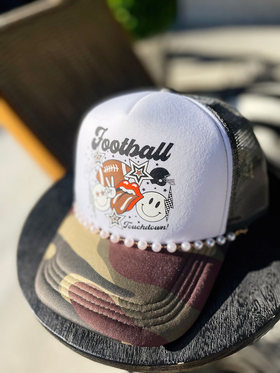 Thumbnail: “Football Collage” Camo Trucker Hat (with pearl chain)