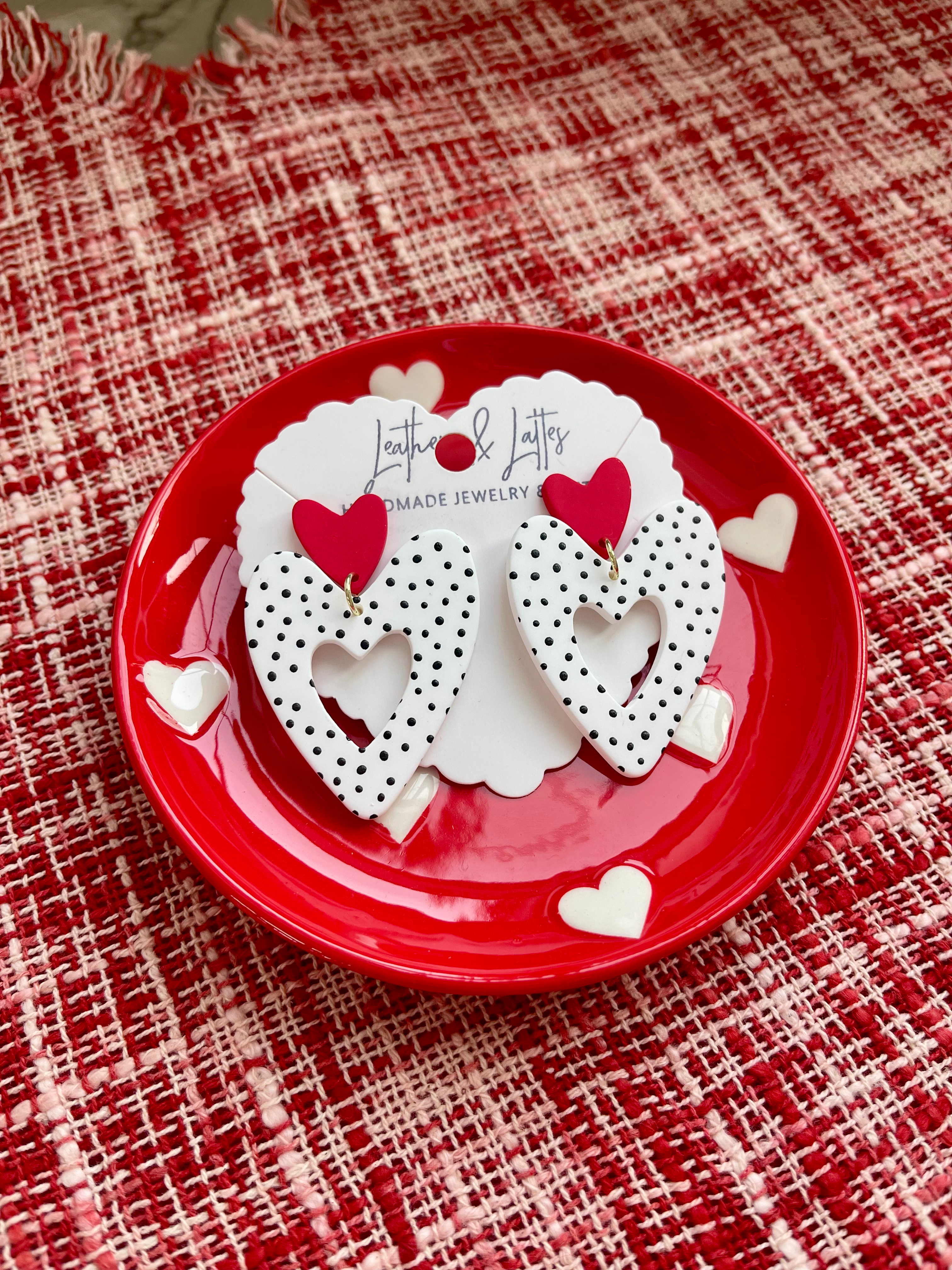 Polka Dot White Heart Earrings