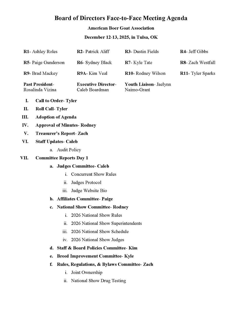 Board of Directors Face-to-Face Meeting Agenda December 12-13, 2026