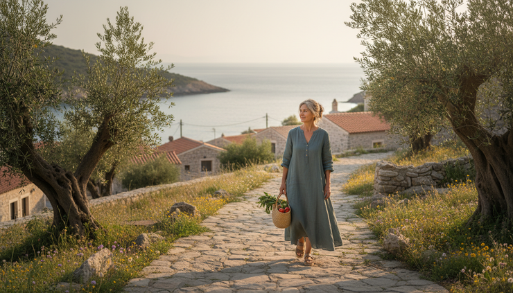 Wide-angle view of a coastal village path with an older woman walking beside olive trees.