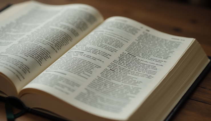 High angle view of an open Bible with a highlighted passage about love and service
