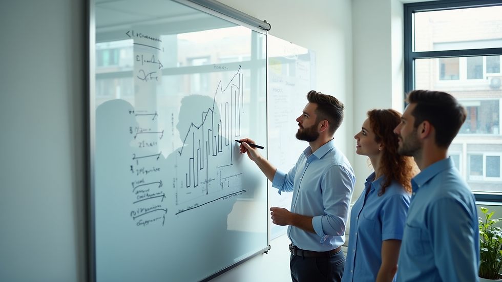 High angle view of a healthcare leadership team reviewing growth strategy on a whiteboard