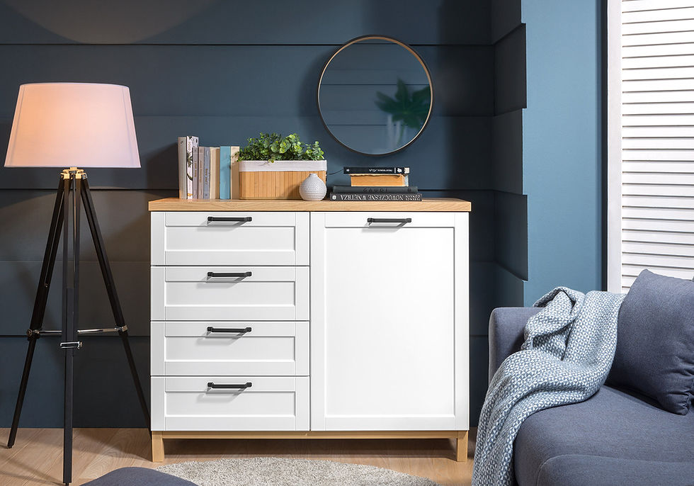 Thumbnail: White and light oak Cabinet Haga with door and 4 drawers