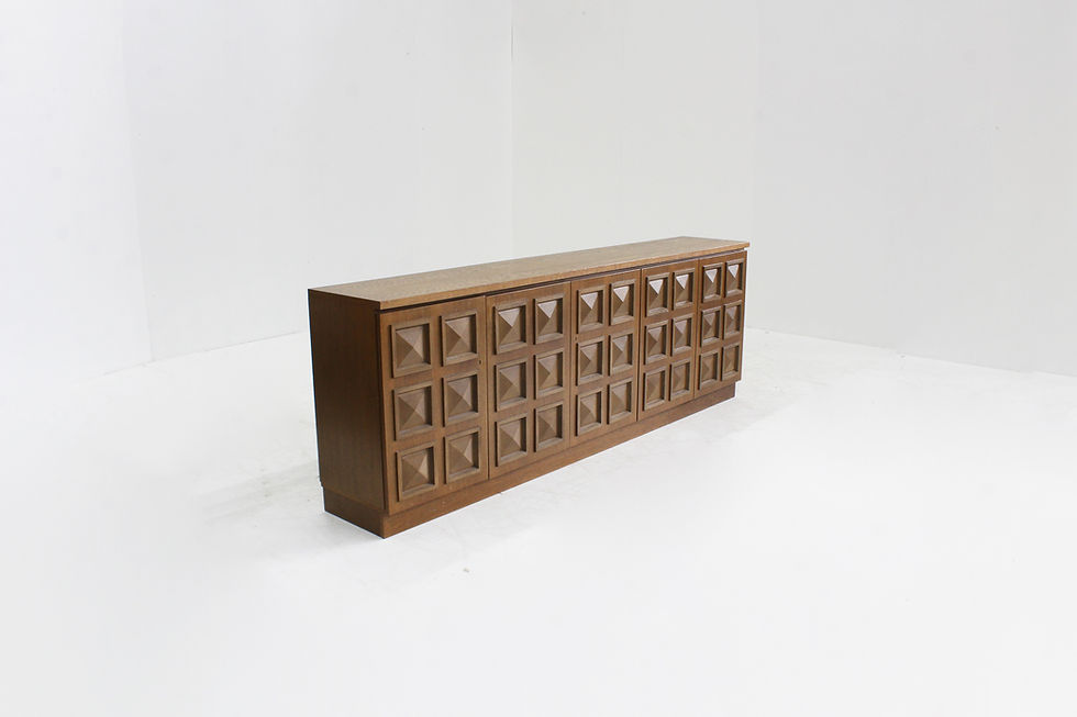 Thumbnail: Vintage brutalist sideboard made of oak from Belgium, 1970s. Graphic carved wooden design with 5 doors. Large sideboard with