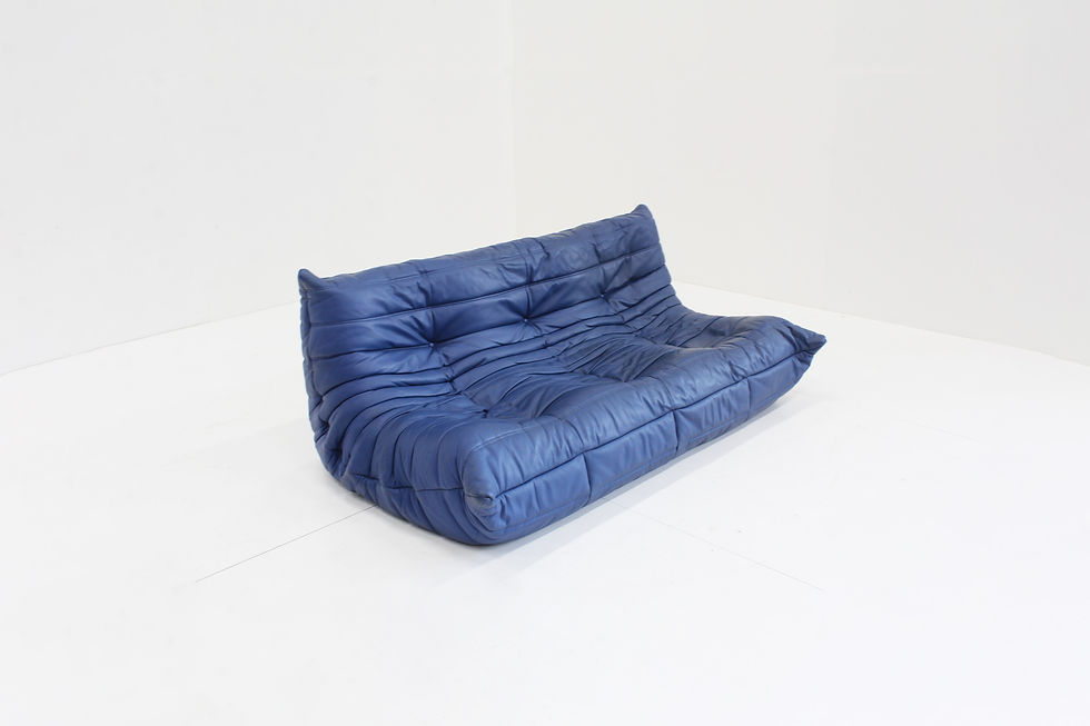 Thumbnail: Togo Ligne Roset 3 seater sofa blue leather by Michel Ducaroy for Ligne Roset