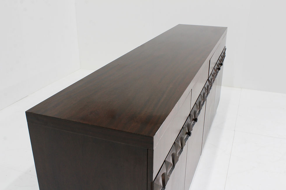 Thumbnail: Vintage brutalist wooden sideboard with geometrical pattern . Belgian brutalist design from the 1970s with a lovely deep brow