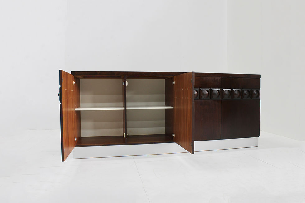Thumbnail: Vintage brutalist wooden sideboard with geometrical pattern . Belgian brutalist design from the 1970s with a lovely deep brow
