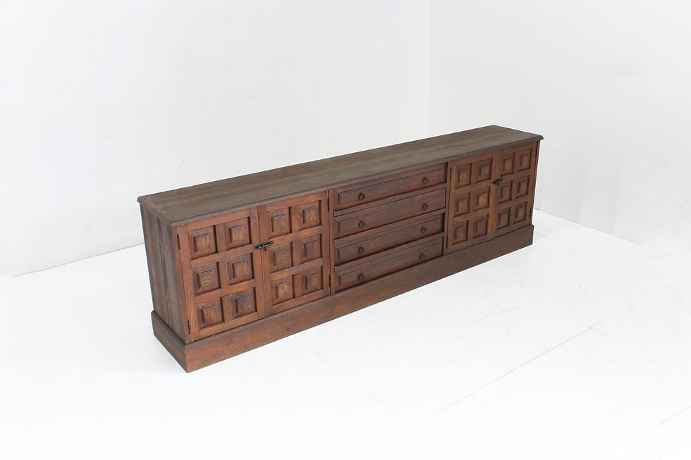 Thumbnail: Vintage Spanish Brutalist sideboard made of solid wood from the 1970s. Beautifully designed with graphic squares. Plenty of s