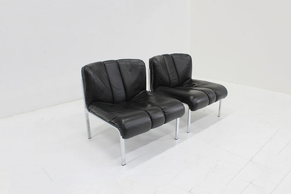 Thumbnail: Pair of vintage black leather lounge chairs designed by Girsberger Eurochair in 1978. The black leather as well as the chrome