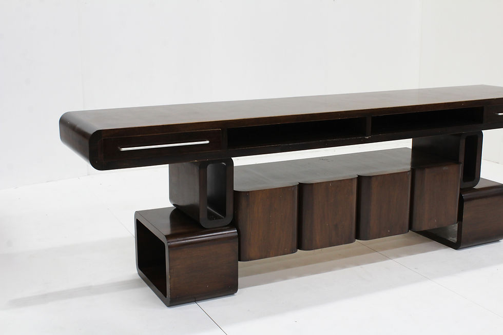 Thumbnail: Vintage large Italian sideboard  from the 1970s. Open  and playful design with curved shapes, the sideboard can also be used