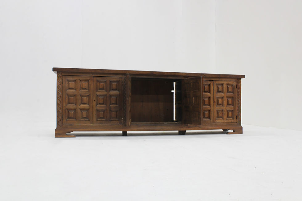 Thumbnail: Spanish Brutalist Sideboard in solid wood from the 1960s. Beautifully designed with graphical squared wood carvings on the fr