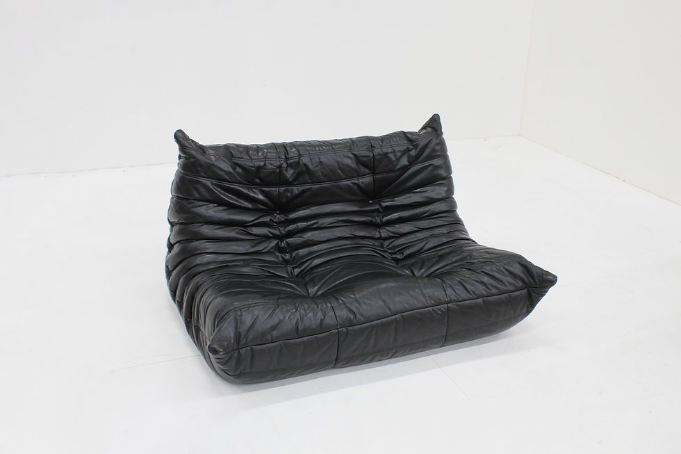 Vintage Togo Ligne Roset 2 seater sofa black leather by Michel Ducaroy 1990s