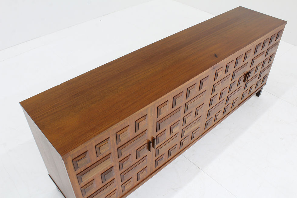 Thumbnail: Vintage brutalist wooden sideboard  with panelled geometric front. Beautiful piece from the 1970s, Spain.  Plenty of storage