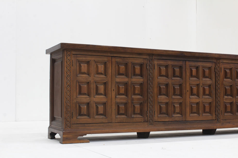 Thumbnail: Spanish Brutalist Sideboard in solid wood from the 1960s. Beautifully designed with graphical squared wood carvings on the fr