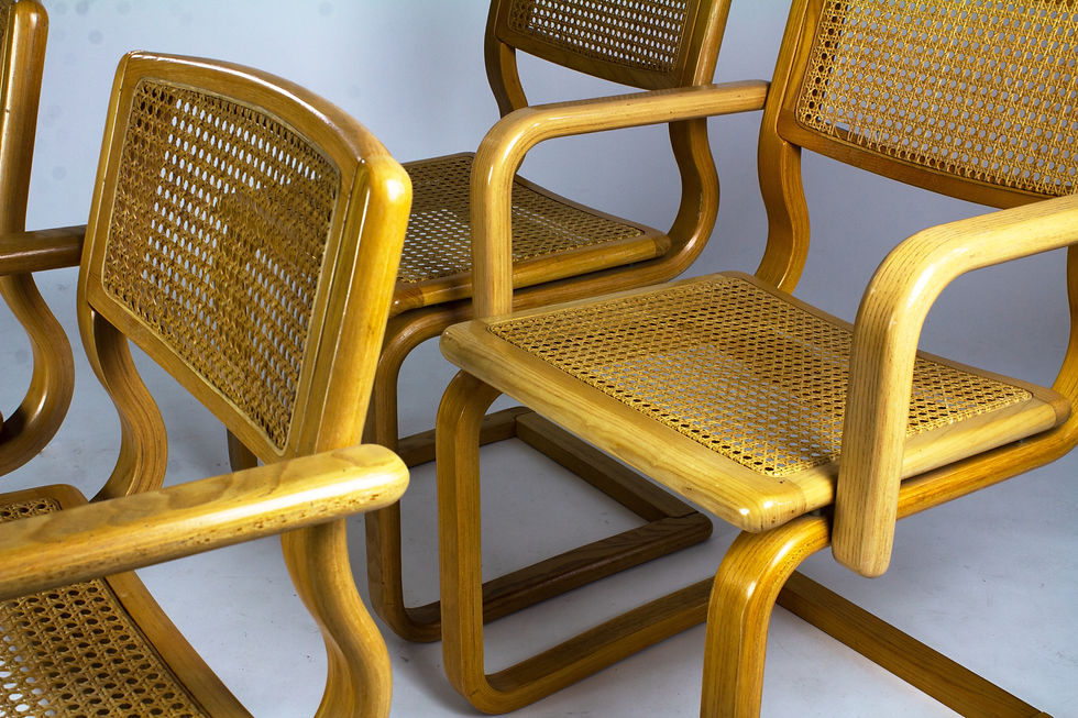 Thumbnail: Set van 4 vintage eetkamer stoelen webbing