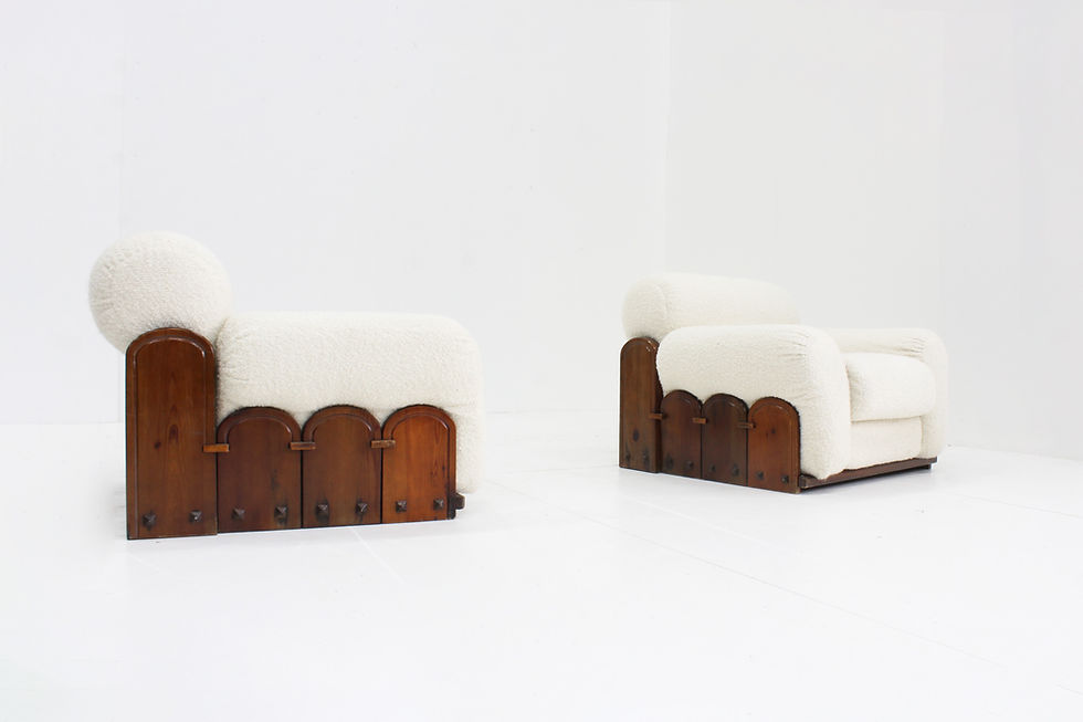 Vintage Italian wood and fabric armchairs , set of 2