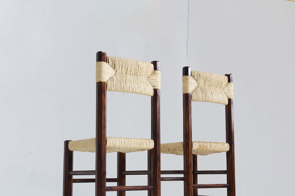 Thumbnail: Set of 2 Italian vintage bar stools with a wooden frame and woven seats. Rustic set of bar stools from the 1970s Italy.