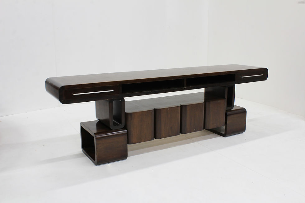 Thumbnail: Vintage large Italian sideboard  from the 1970s. Open  and playful design with curved shapes, the sideboard can also be used